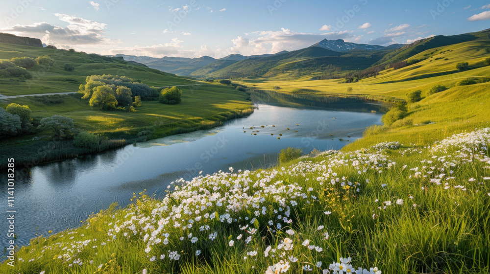 A river surrounded by green hills with spring flowers along the shore A river surrounded by green hills with spring flowers along the shore