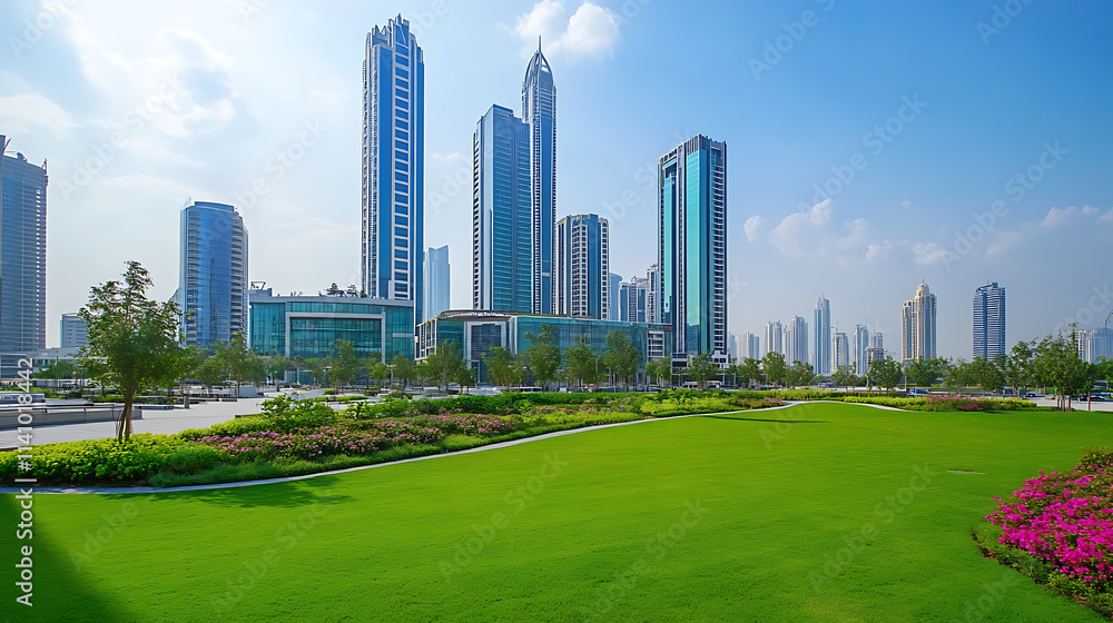 Modern office buildings with green lawns in the background of a commercial and business center Modern office buildings with green lawns in the background of a commercial and business center