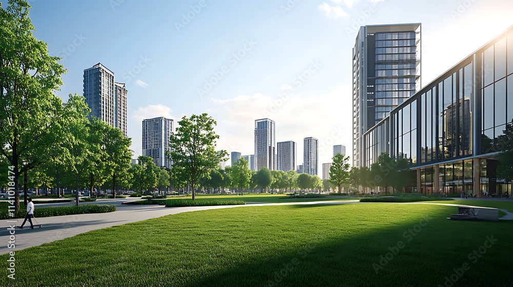 Modern office buildings with green lawns in the background of a commercial and business center