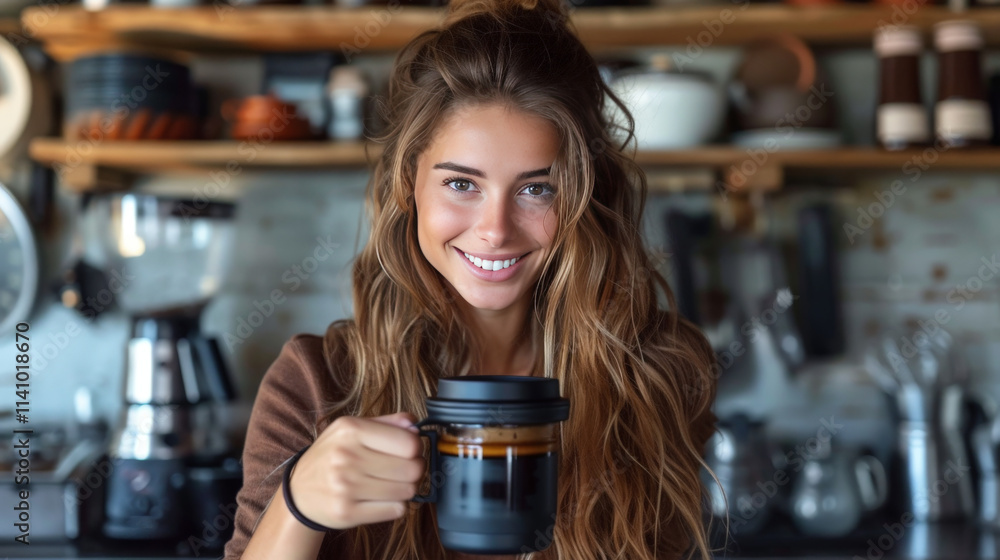 Woman pours out coffee from a travel coffee mug Woman pours out coffee from a travel coffee mug