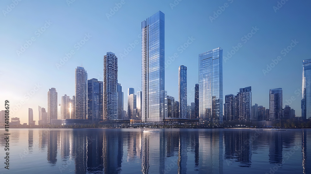 Naklejka premium Modern urban skyline with reflective glass skyscrapers and business office buildings under clear blue sky, showcasing contemporary architecture and corporate environment