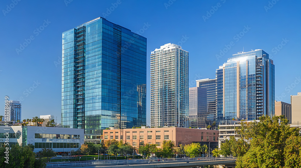 Modern urban skyline with reflective glass skyscrapers and business office buildings under clear blue sky, showcasing contemporary architecture and corporate environment Modern urban skyline with reflective glass skyscrapers and business office buildings under clear blue sky, showcasing contemporary architecture and corporate environment