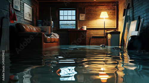 Flooded basement with failed sump pump and standing water photo