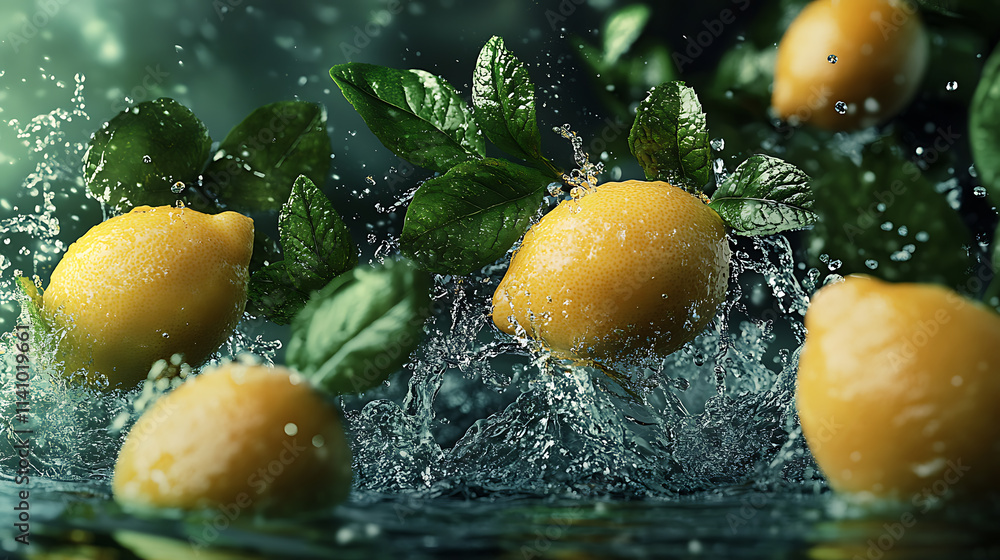 Flying lemons in water splash in water background, advertising and social media, mint leaves as decorative accents Flying lemons in water splash in water background, advertising and social media, mint leaves as decorative accents