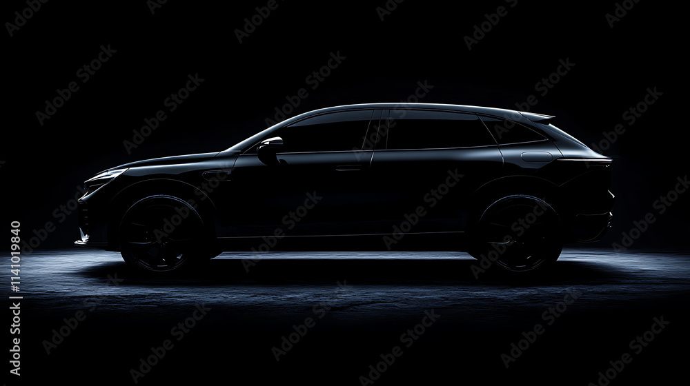 Lateral view of a black car on a dark background Lateral view of a black car on a dark background