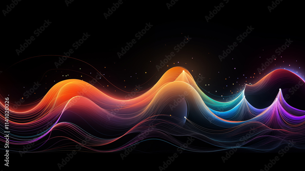 A surreal black background showcasing vibrant neon-colored flowing mountains and waves with a glowing full moon and intricate light patterns for a futuristic look. For posters and album covers. A surreal black background showcasing vibrant neon-colored flowing mountains and waves with a glowing full moon and intricate light patterns for a futuristic look. For posters and album covers.