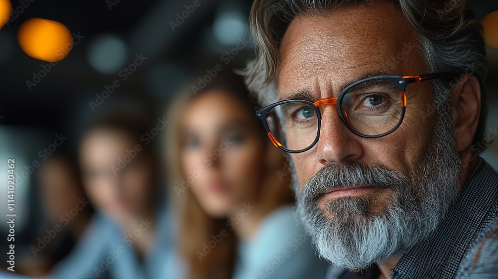 Focused Mature Man with Colleagues in Background Focused Mature Man with Colleagues in Background