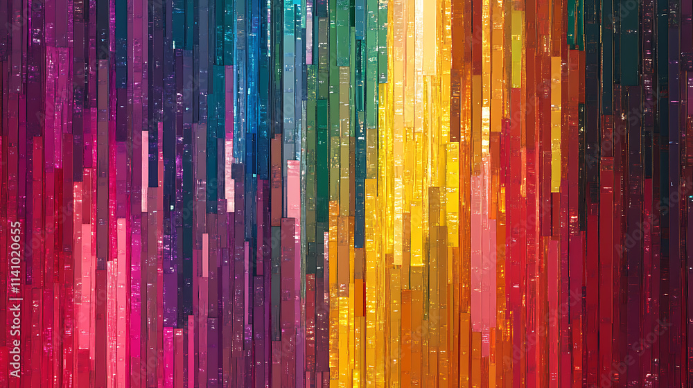 Glitchy abstract pattern with vibrant colors, displaying a mix of vertical and horizontal lines in a colorful digital mosaic, the image is dynamic and visually engaging