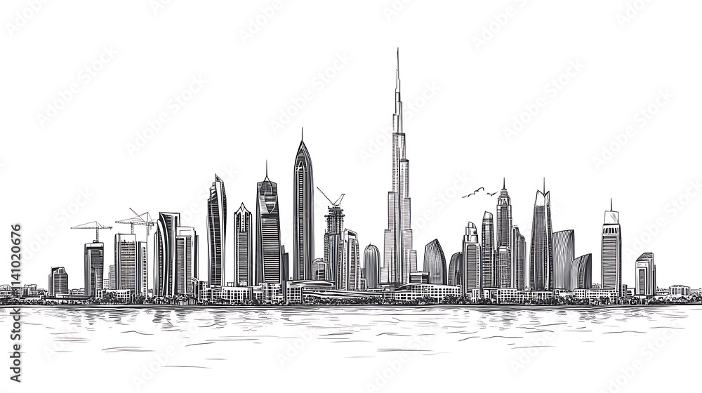 Obraz premium Line drawing of dubai city skyline united arab emirates, beautiful city landmark