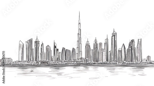 Line drawing of dubai city skyline united arab emirates, beautiful city landmark