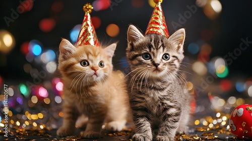 Two sweet fluffy kittens posing in party hats for Happy Mew Year for Cats Day celebration. Sparkling bokeh lights of festive and cozy holiday background with domestic animals photo