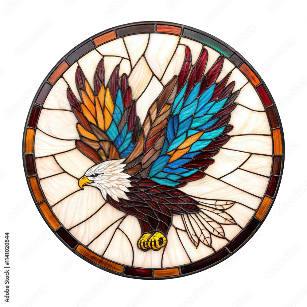 Stained glass artwork of an eagle in flight with colorful wings, isolated on transparent background, symbolizing freedom and power.