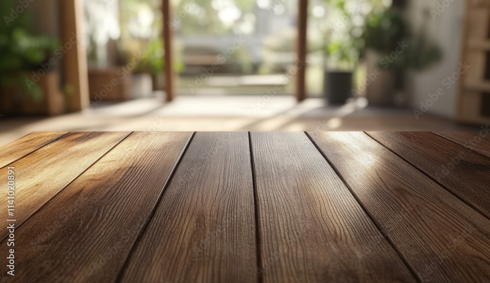 Empty wooden table in sunlit room. Empty wooden table in sunlit room.