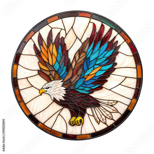 Obraz na płótnie Stained glass artwork of an eagle in flight with colorful wings, isolated on transparent background, symbolizing freedom and power.
w salonie