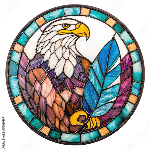 Obraz na płótnie Stained glass artwork of an eagle holding a colorful feather, isolated on transparent background, symbolizing strength and beauty.
w salonie