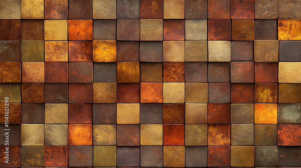 Golden square mosaic tiles forming a seamless pattern with a warm, rich color palette, textured background ideal for design projects Golden square mosaic tiles forming a seamless pattern with a warm, rich color palette, textured background ideal for design projects