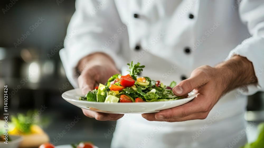 food cooking, profession and people concept - close up of male chef cook with plate of salad at restaurant kitchen table food cooking, profession and people concept - close up of male chef cook with plate of salad at restaurant kitchen table