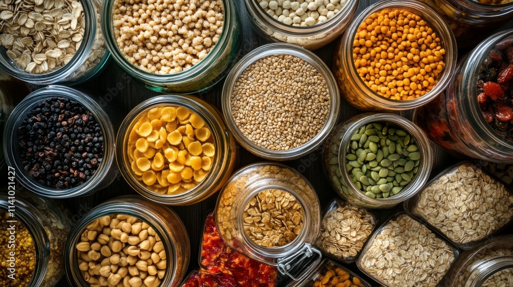 food storage and eating concept - close up of different cereals, groceries and preserves, top view food storage and eating concept - close up of different cereals, groceries and preserves, top view
