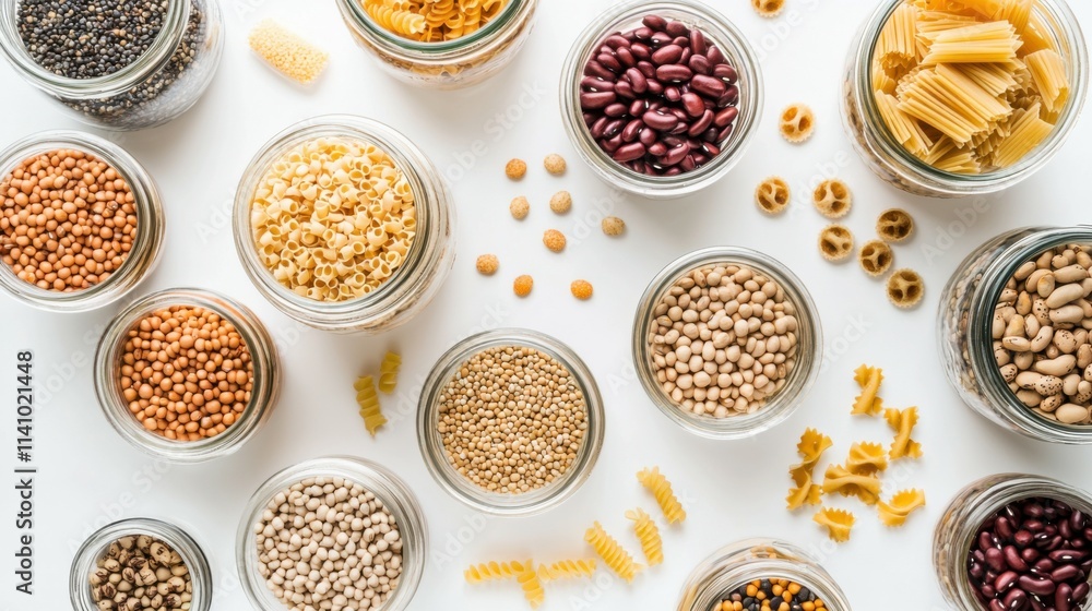 food storage, culinary and eating concept - close up of jars with different cereals, pasta and beans on white background, top view food storage, culinary and eating concept - close up of jars with different cereals, pasta and beans on white background, top view