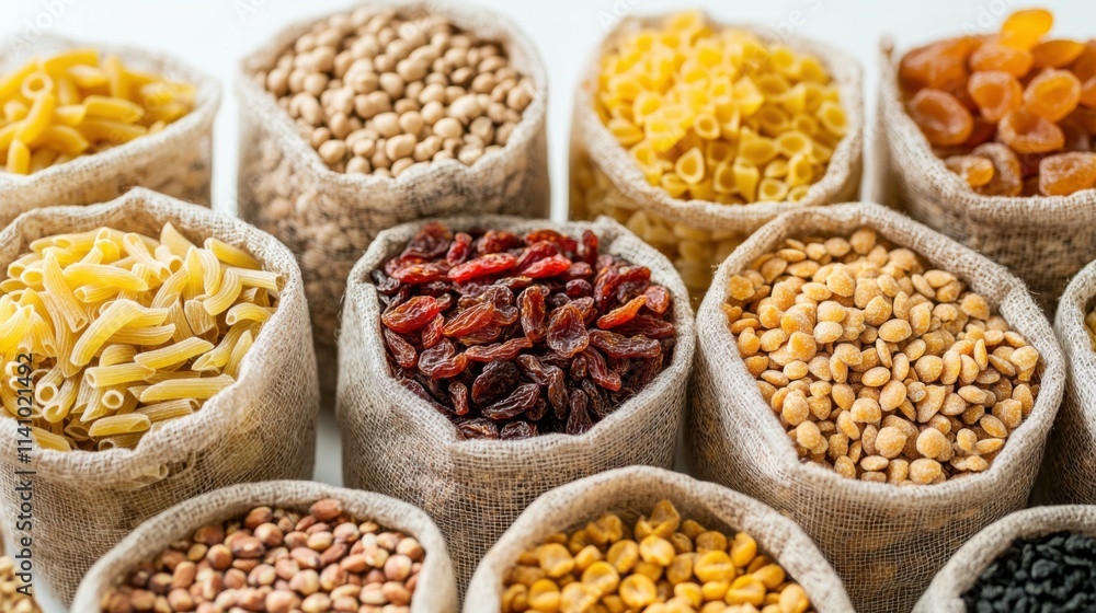 food storage, healthy eating and diet concept - close up of bags with dried fruits, cereals, pasta and nuts on white background food storage, healthy eating and diet concept - close up of bags with dried fruits, cereals, pasta and nuts on white background