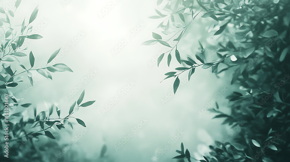 Green and white background with soft light, leafy theme, blurred Green and white background with soft light, leafy theme, blurred