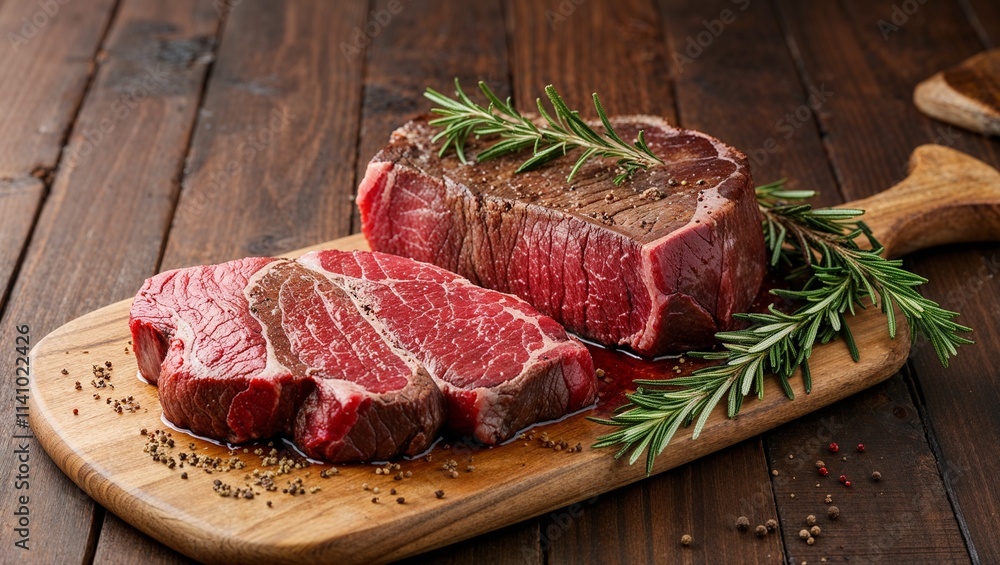 Raw entrecôte beefsteak seasoned with rosemary and pepper, ready for grilling, showcasing rich marbling and a mouthwatering, tender texture Raw entrecôte beefsteak seasoned with rosemary and pepper, ready for grilling, showcasing rich marbling and a mouthwatering, tender texture