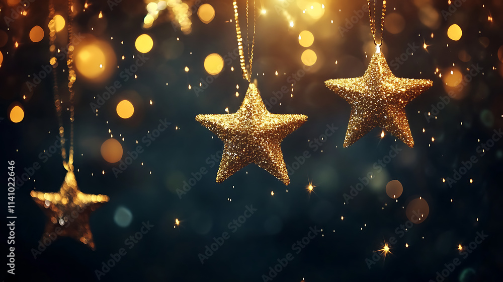 Magical golden stars hanging on dark background with bokeh effect Magical golden stars hanging on dark background with bokeh effect