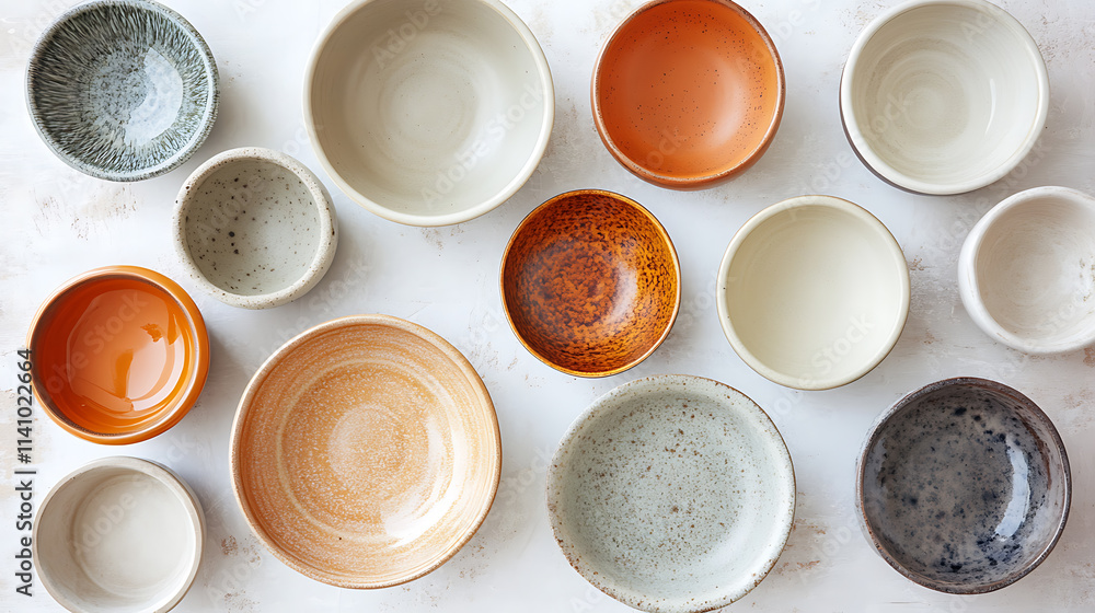 Handmade ceramics, top view of empty craft ceramic bowls and plates on a light background Handmade ceramics, top view of empty craft ceramic bowls and plates on a light background