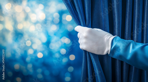 Hand wearing a white glove is opening a blue curtain revealing a bright background