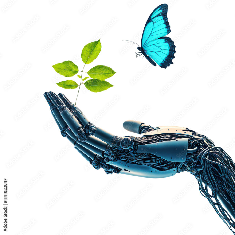 Futuristic robotic hand holding a green plant with a blue butterfly above, symbolizing technology and nature, isolated on transparent background.