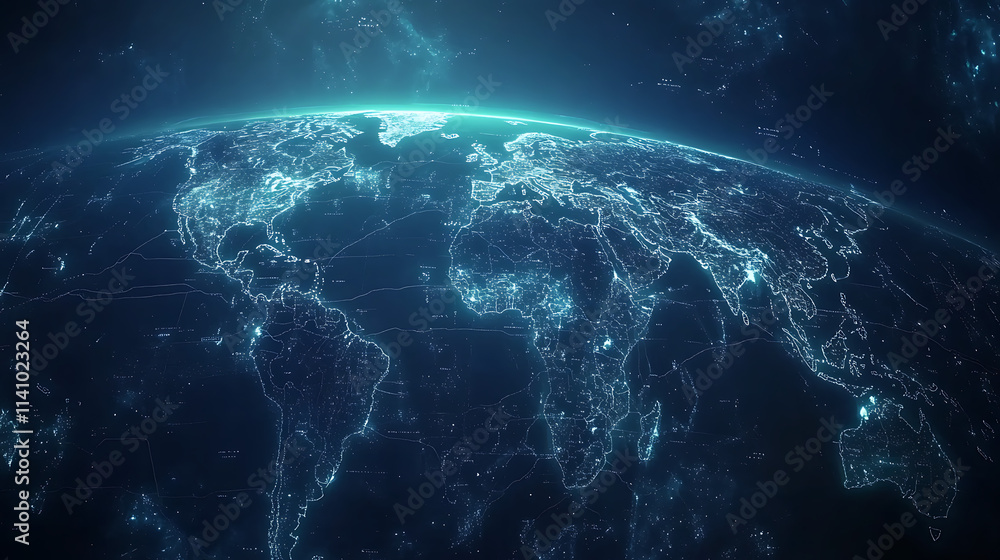 Fototapeta premium Map of the planet, world map, global social network, future, blue futuristic background with planet earth, internet and technology background