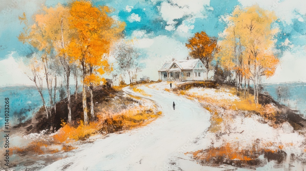 Naklejka premium Autumnal Lakeside House: A Serene Winter's Day