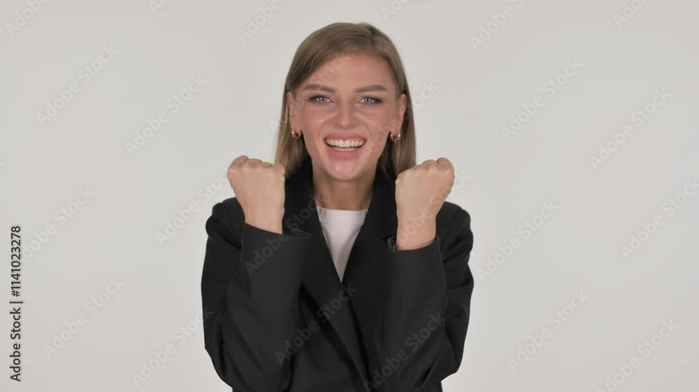 Portrait of Businesswoman Celebrating Success on White Background Portrait of Businesswoman Celebrating Success on White Background