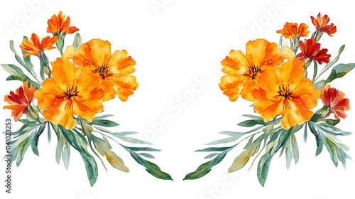 Fototapeta Naklejka Na Ścianę i Meble -  Marigold themed frame or border for photos, with orange and yellow blooms, watercolor illustration, white color background, botanical border for wallpaper or wrapping