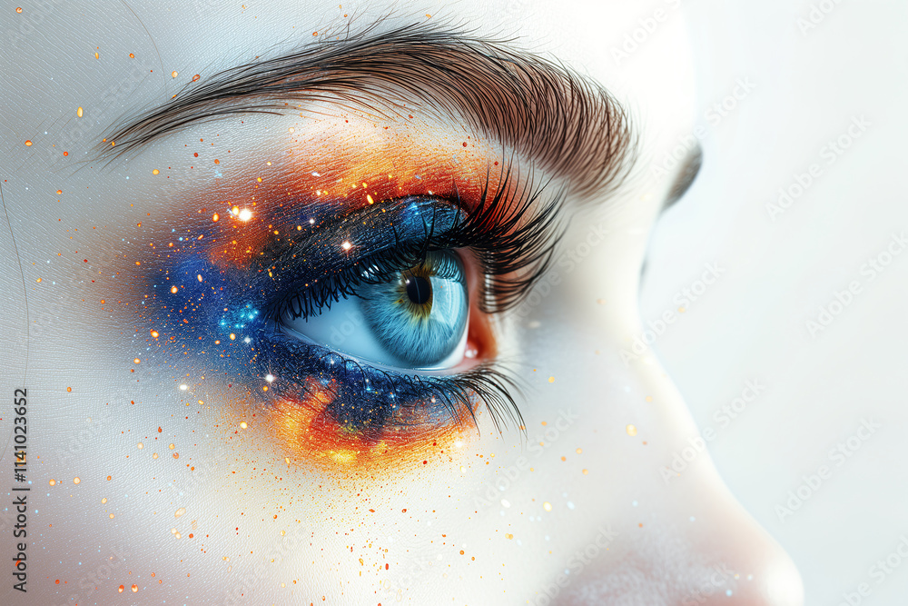 Fototapeta premium Creative makeup art featuring a galaxy design around an eye with vivid colors showcasing a cosmic theme