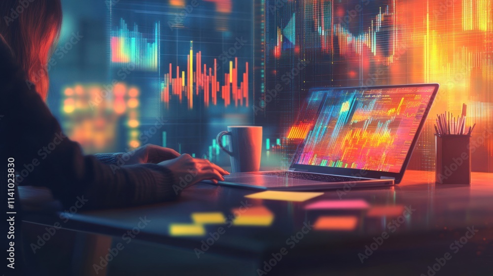 A person working on a laptop with data visualizations and a coffee cup nearby. A person working on a laptop with data visualizations and a coffee cup nearby.