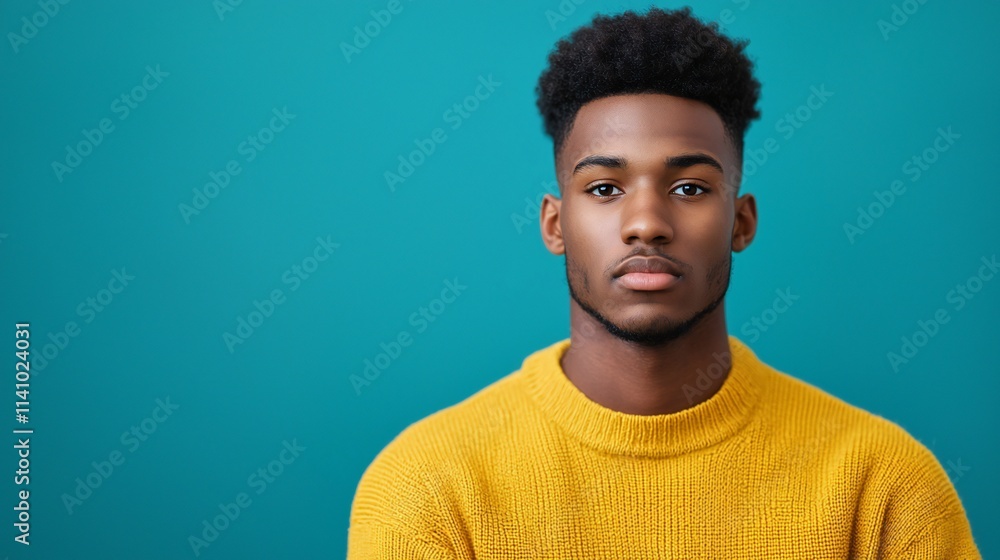Obraz premium Black History Month Serious Young Man Portrait Teal Background Yellow Sweater