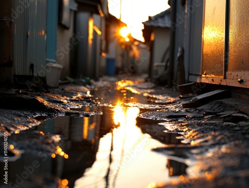 Sunset reflection in a narrow alley urban setting photography evening low angle tranquility and resilience photo