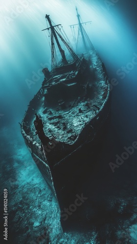 sunken ship under the sea with copy space vertically 9:16 photo