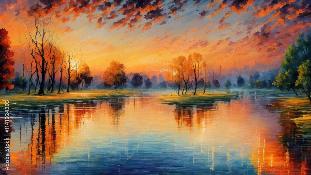 Fototapeta premium A painting of a sunset over a lake with trees in the foreground