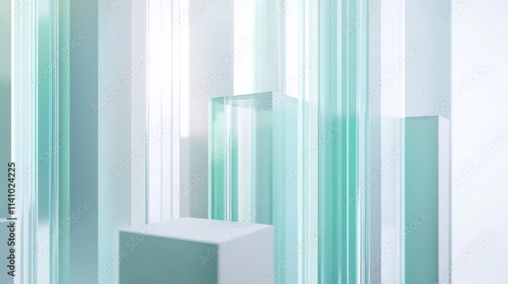 Naklejka premium Abstract Glass Structure: Minimalist Teal and White Geometric Composition