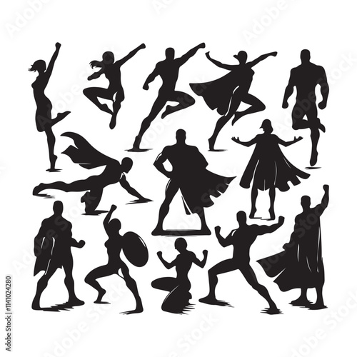 comic superhero silhouettes on white background
