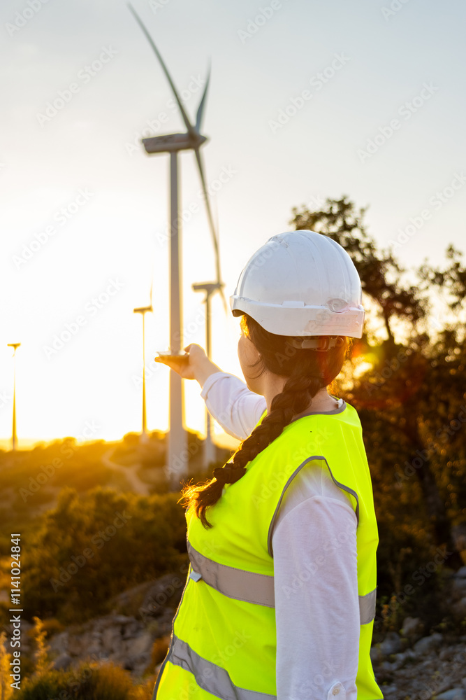 female engineer pointing at wind turbines during sunset female engineer pointing at wind turbines during sunset