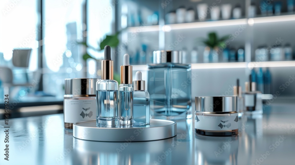 3D rendered cosmetic podium display featuring glass flask and cylinder equipment in a modern medical science lab background. Detailed and elegant 3D rendered cosmetic podium display featuring glass flask and cylinder equipment in a modern medical science lab background. Detailed and elegant