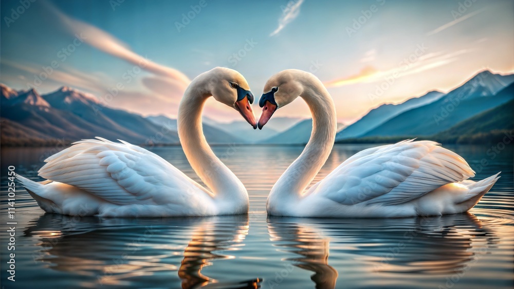 Obraz premium Two swans forming a heart shape with their necks on a tranquil lake at sunset 