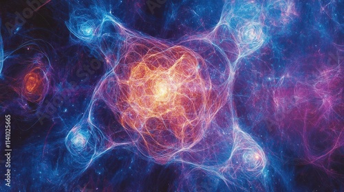 Abstract cosmic visualization representing energy and matter interactions in a vibrant universe.