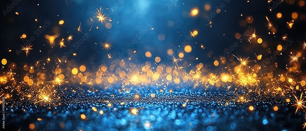 Naklejka premium A vibrant background with shimmering blue and gold sparkles, ideal for festive designs.