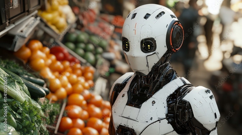Fototapeta premium Robot Picking Vegetables in Futuristic Grocery Store