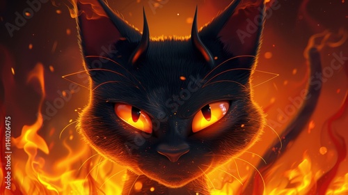 Cartoon cat face with devil horns, fiery background photo