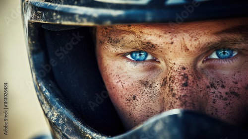 Close-Up of a Dirt Bike Rider with Mud-Splattered Helmet.